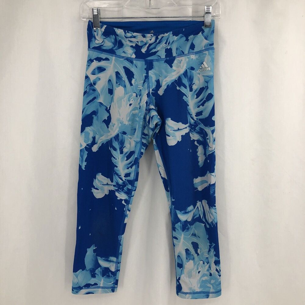 Adidas Climalite Studio 3/4 Leggings Yoga Workout Blue Botanical Floral Small M2